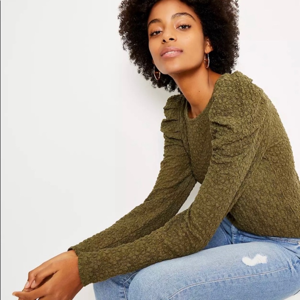 NWT Loft Floral Lace Puffed Long Sleeve Top in Olive